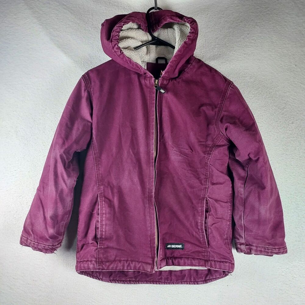 Berne Youth Sherpa Lined Jacket Kids M 10-12 Maroon Zip Front Hooded Coat